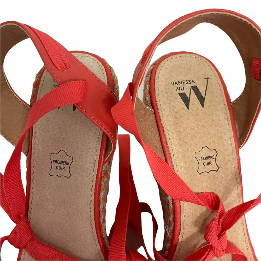 NWOT VANESSA WU Espadrille Wedge Coral Gold Gray Raffia Yarn Size 40/ US 10